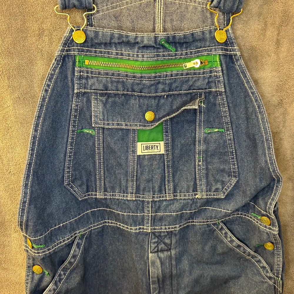 Liberty Mens 32W Blue Denim Bib Overalls Green Zipper Workwear Carpenter Pants